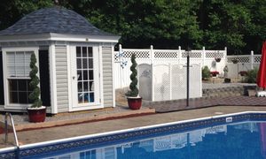 Backyard with swimming pool and pool house