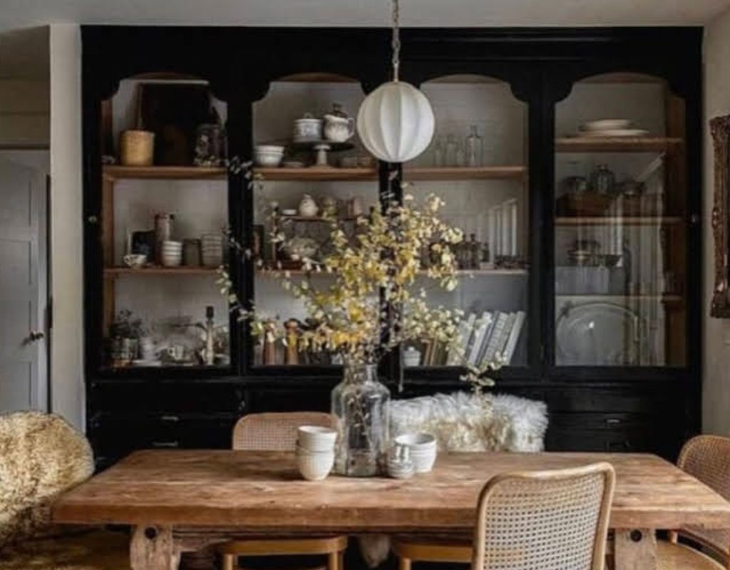 Rustic dining room with black built-ins