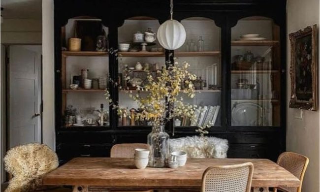 Rustic dining room with black built-ins