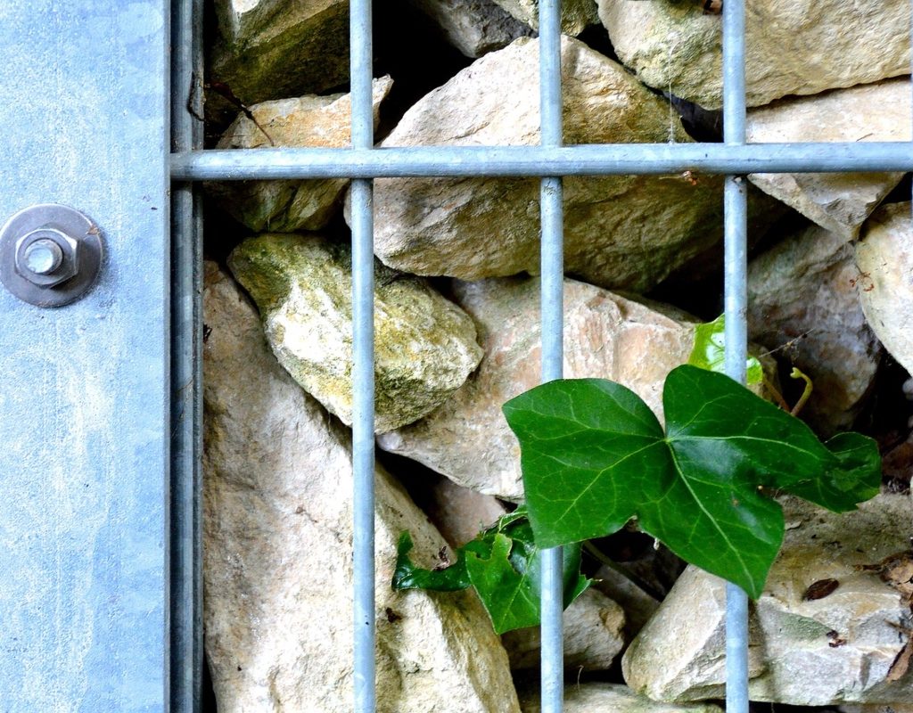 Gabion rock wall fence close-up