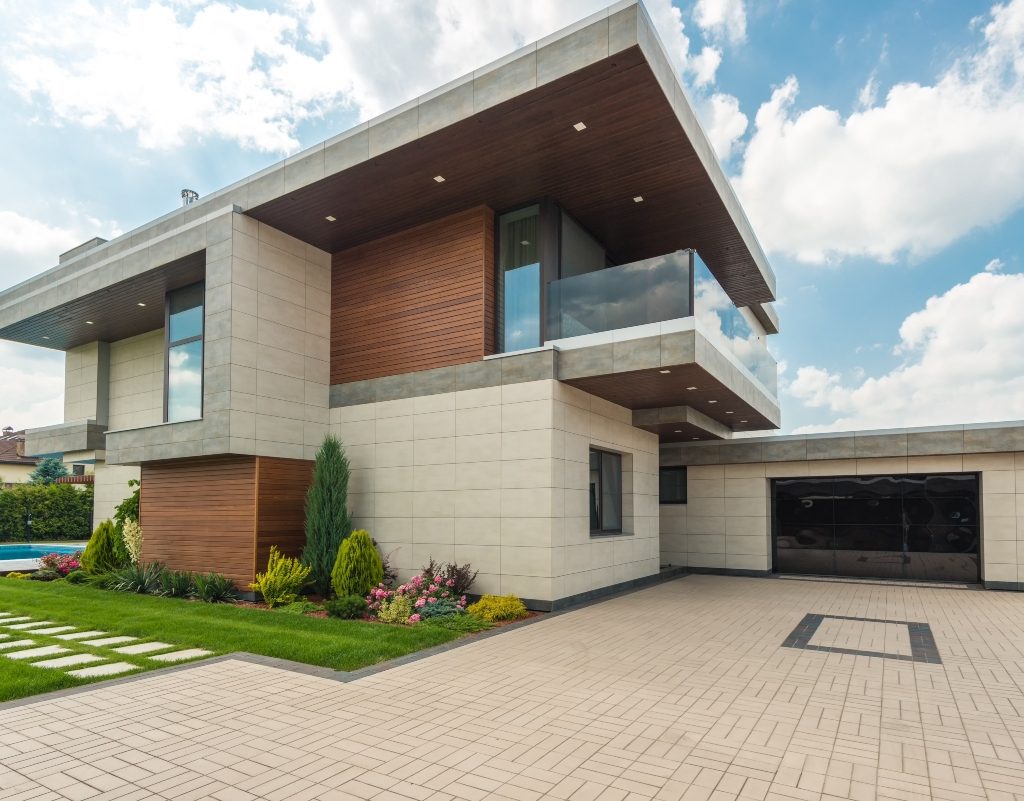 Modern house with a brick driveway