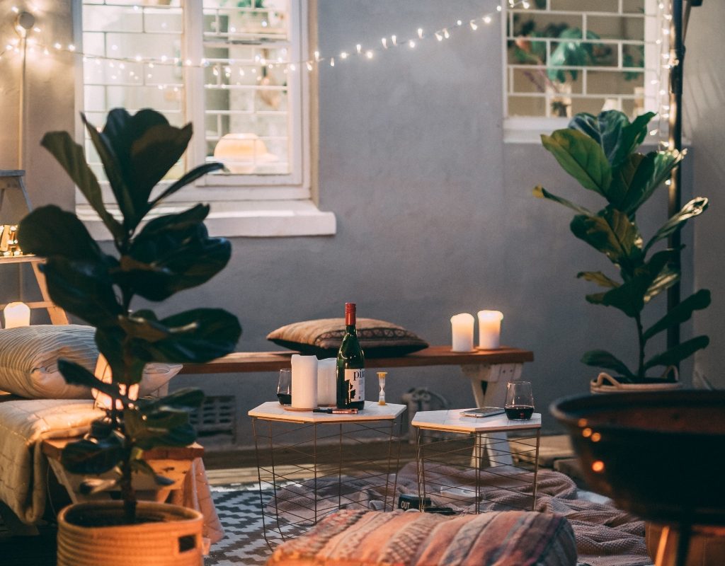 Small outdoor cozy patio with soft lighting