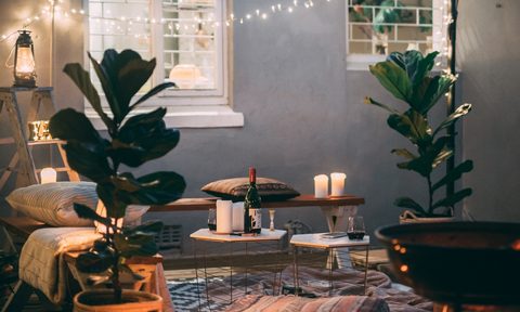 Small outdoor cozy patio with soft lighting