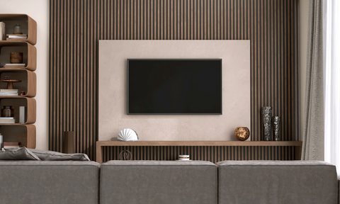 Luxury beige wall living room, modern flat television on brown wood panel wall, gray leather sofa, mid century style shelf in sunlight from window white sheer curtain for interior design background 3D