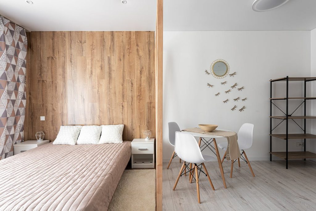 Light wood partition wall in small apartment