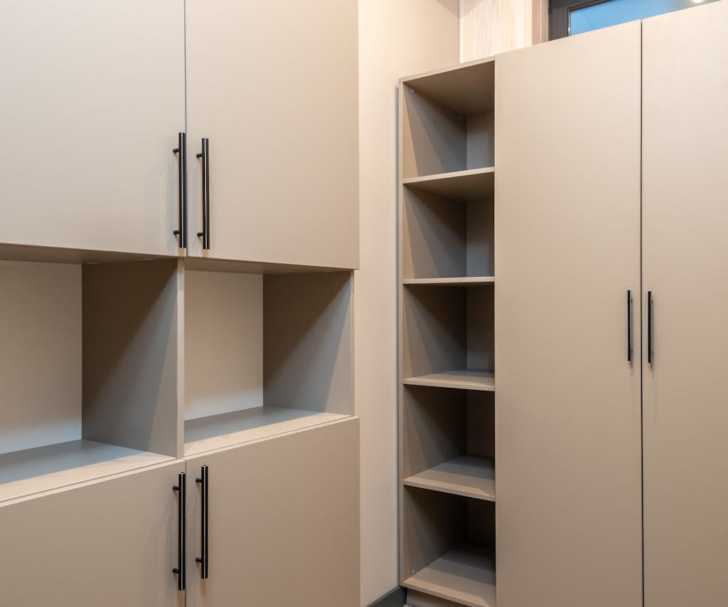 cabinets and shelves in a closet