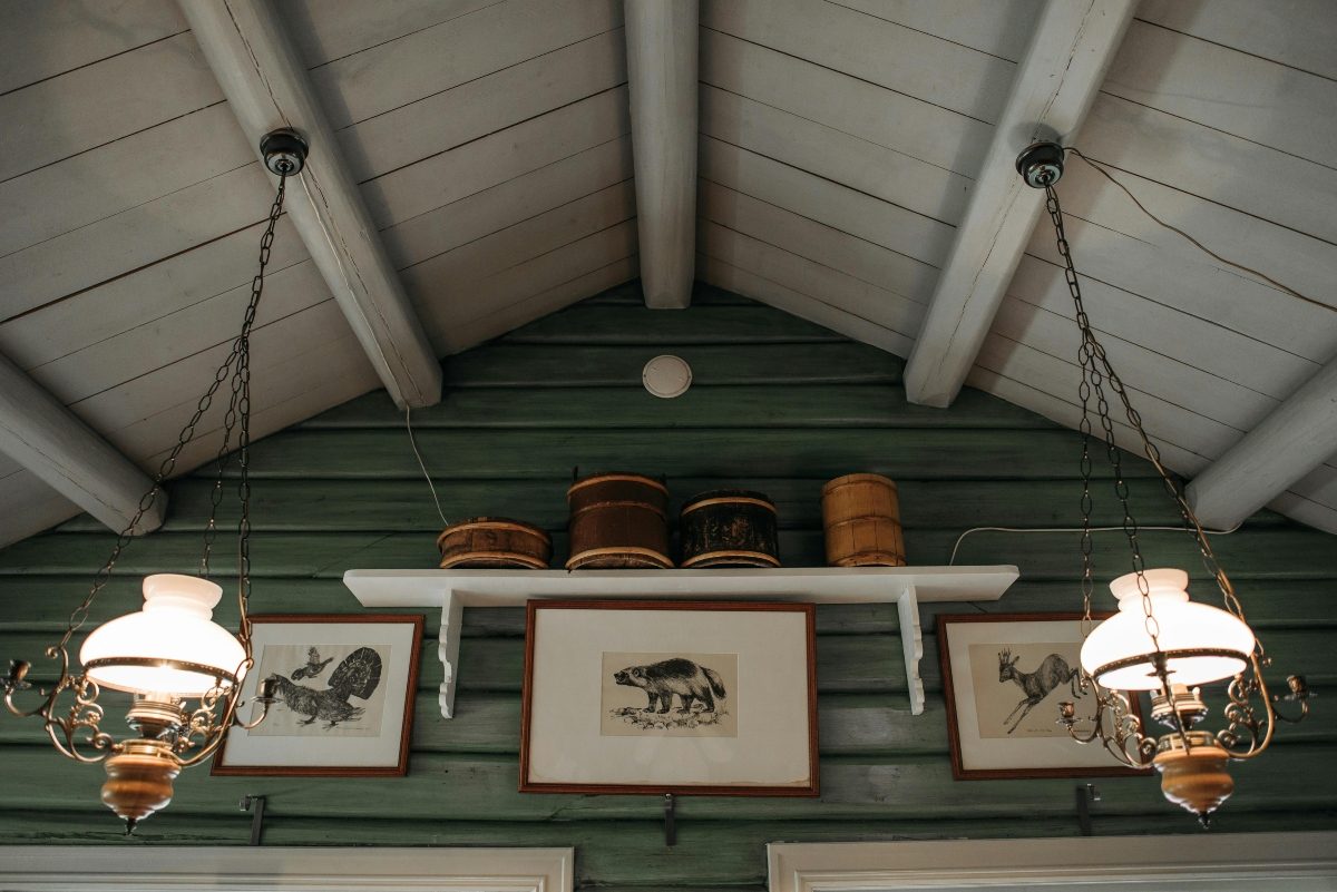 white shiplap ceiling in cottage or cabin design