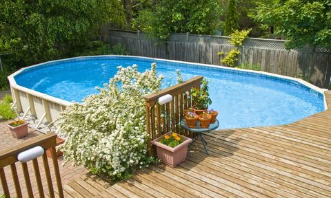 Above-ground pool with partial deck in backyard