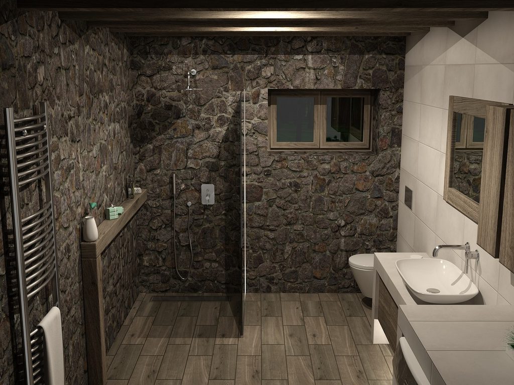 Bathroom with textured stone tiling