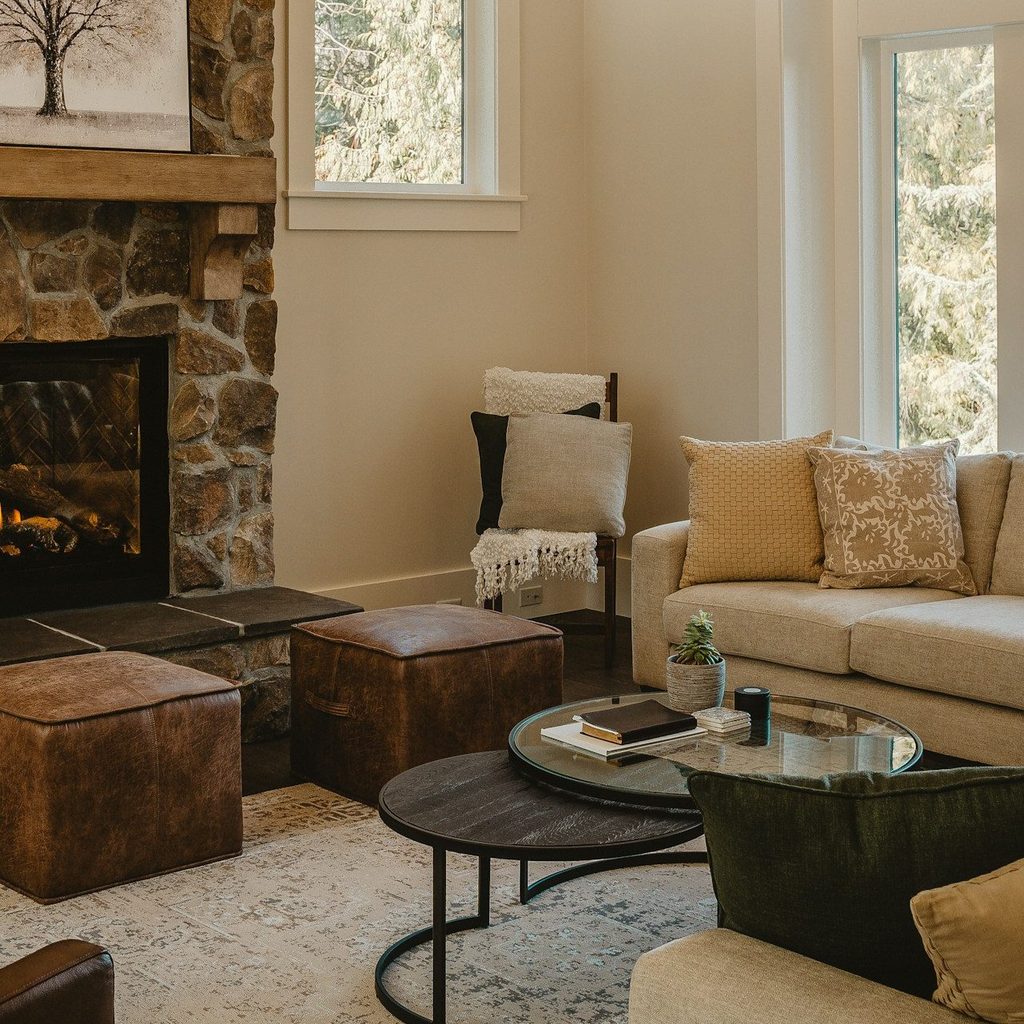 Stone fireplace with natural decor