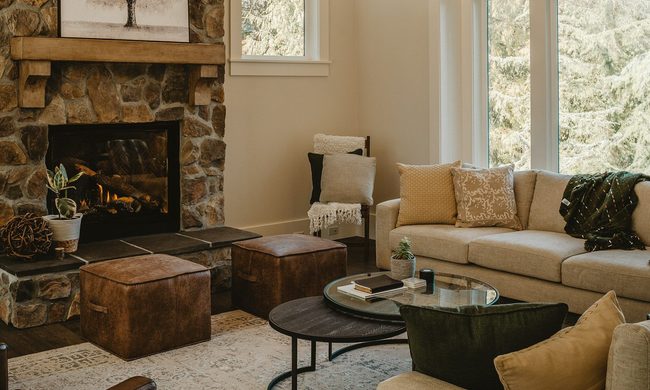 Stone fireplace with natural decor