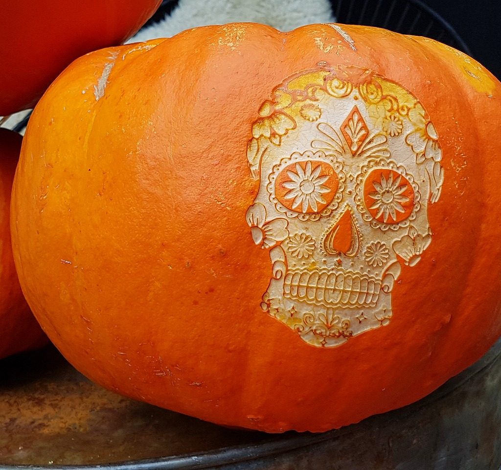 Pumpkin carved with pretty Dia de los Muertos skull design