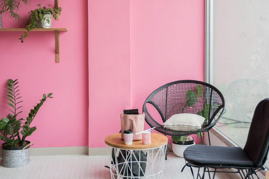 Pink painted wall with plants next to dark gray small chairs