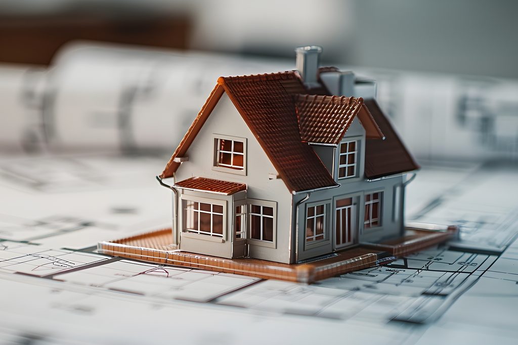 miniature house on blueprints