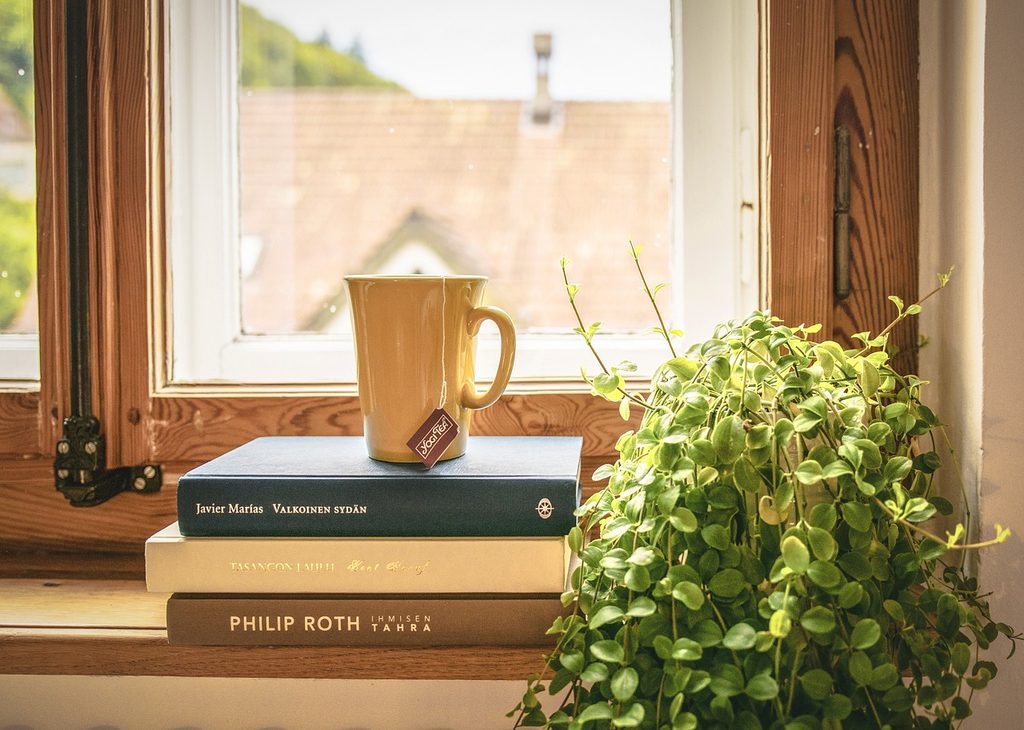 books piled by window with plant and mug