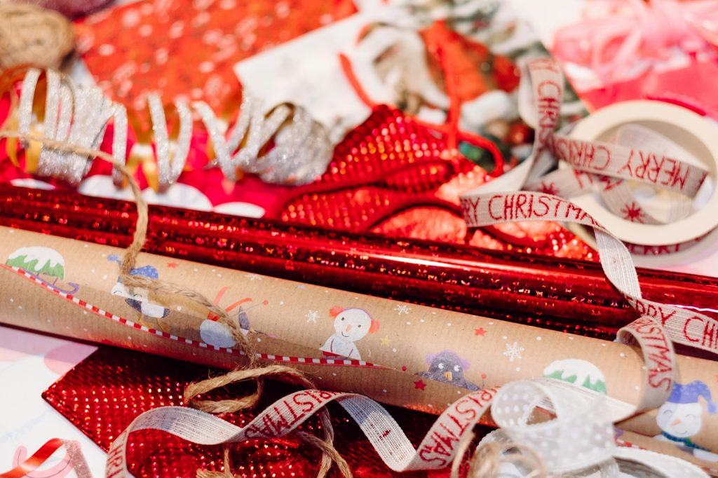 Holiday wrapping paper and ribbons