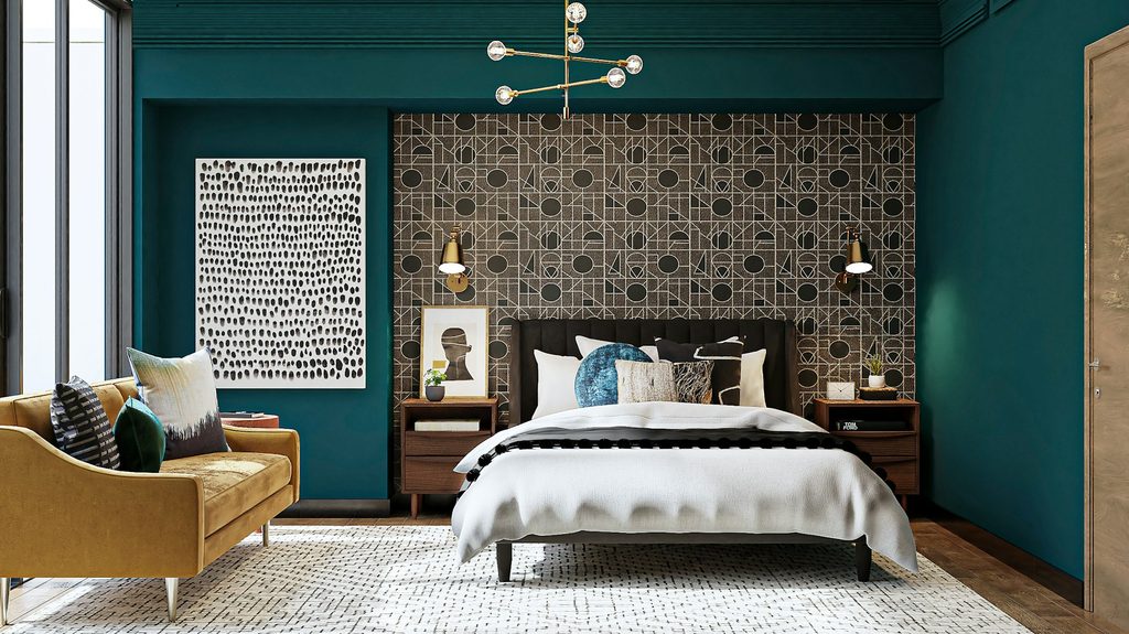 bedroom with green walls and a patterned accent wall
