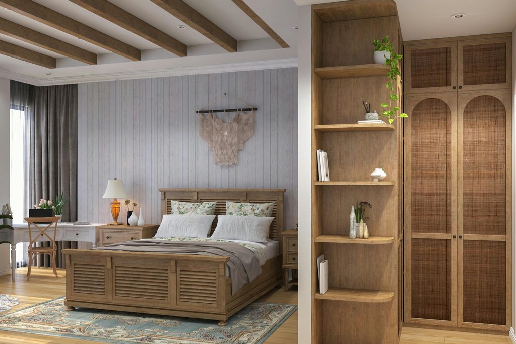 exposed beams and wood bookcases in farmhouse bedroom design