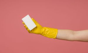 Rubber glove holds a melamine white sponge