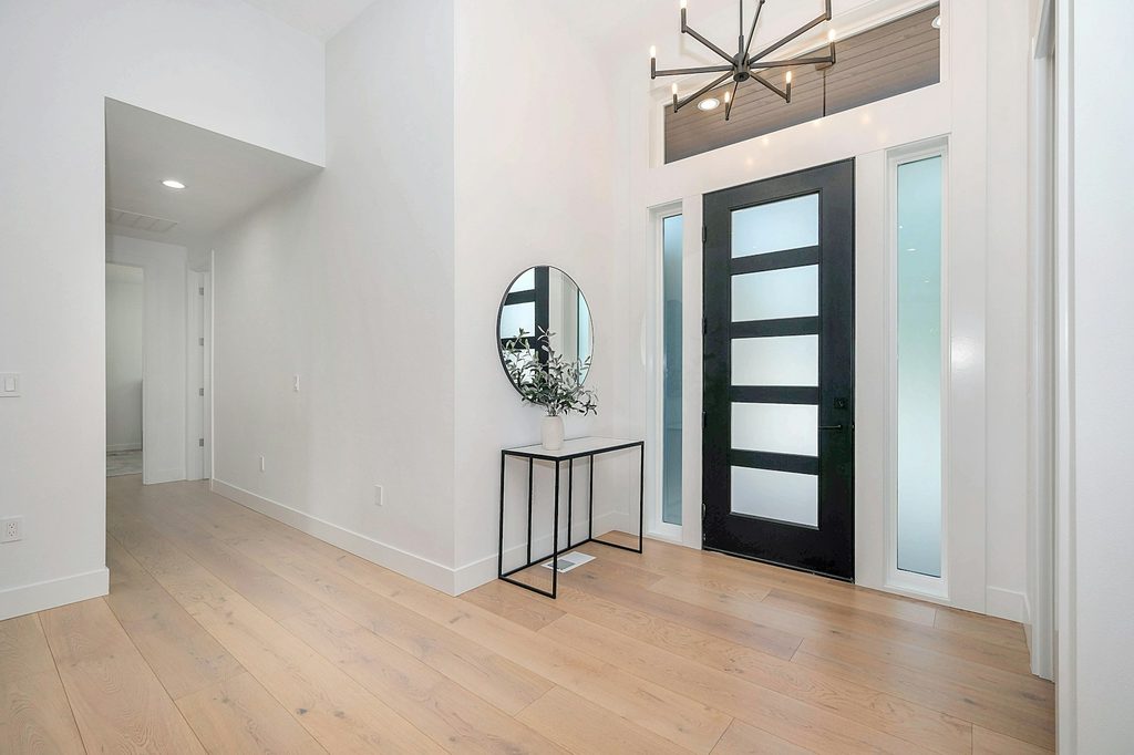 Front door with frosted glass panels, view from the inside.