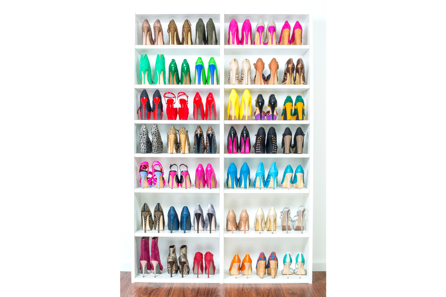 large shoe rack with multiple colorful shoes