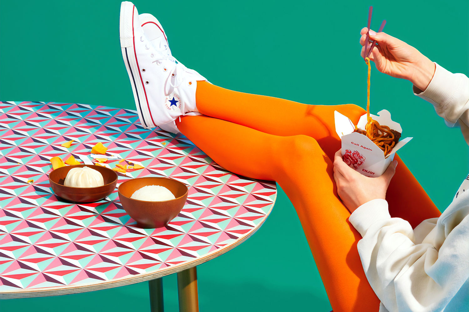 green painted floor in dining room
