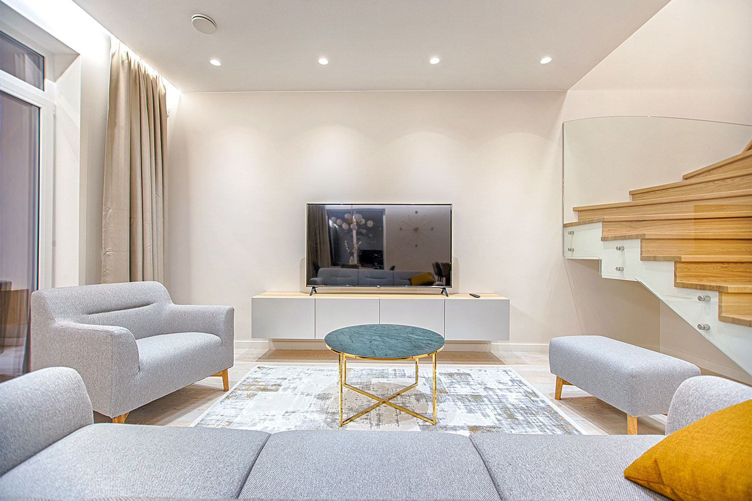 clean and minimal open space living room layout