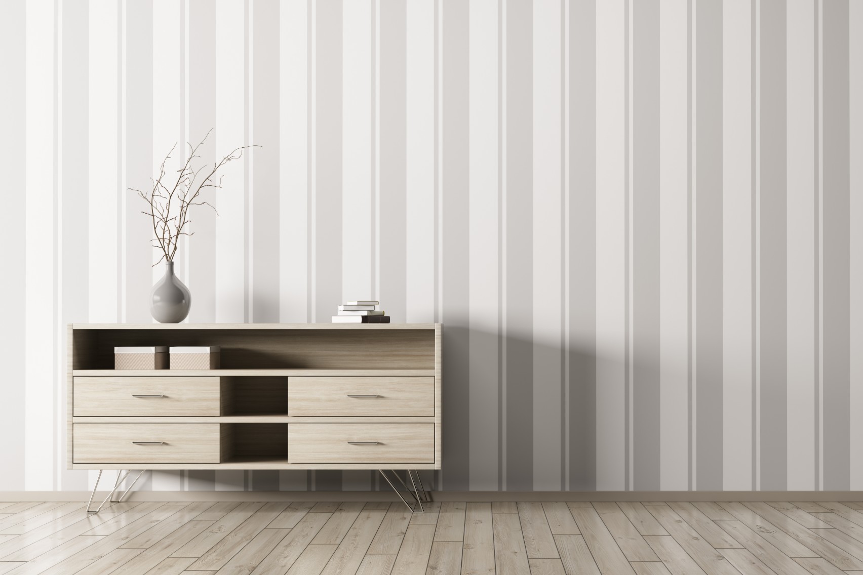 Gray vertical wallpaper in room