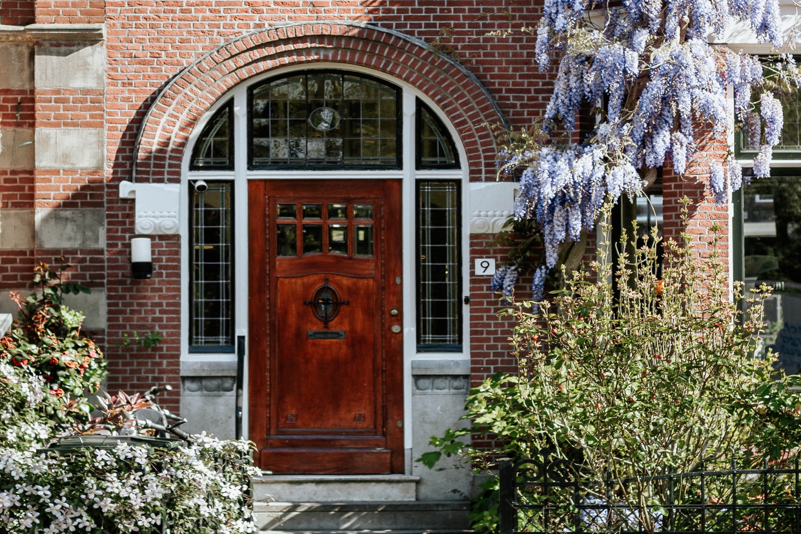 Front door view. Exterior door types of finish for wood.