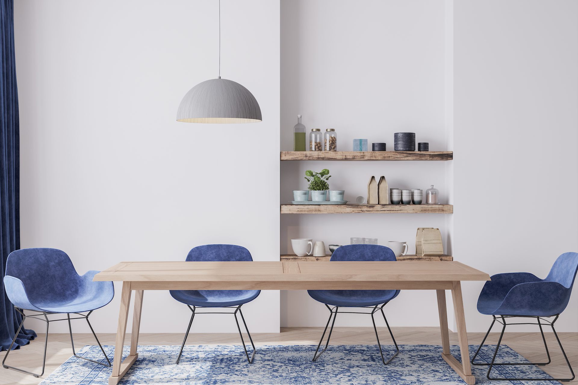 Dining room with wooden table, blue chairs, and shelves