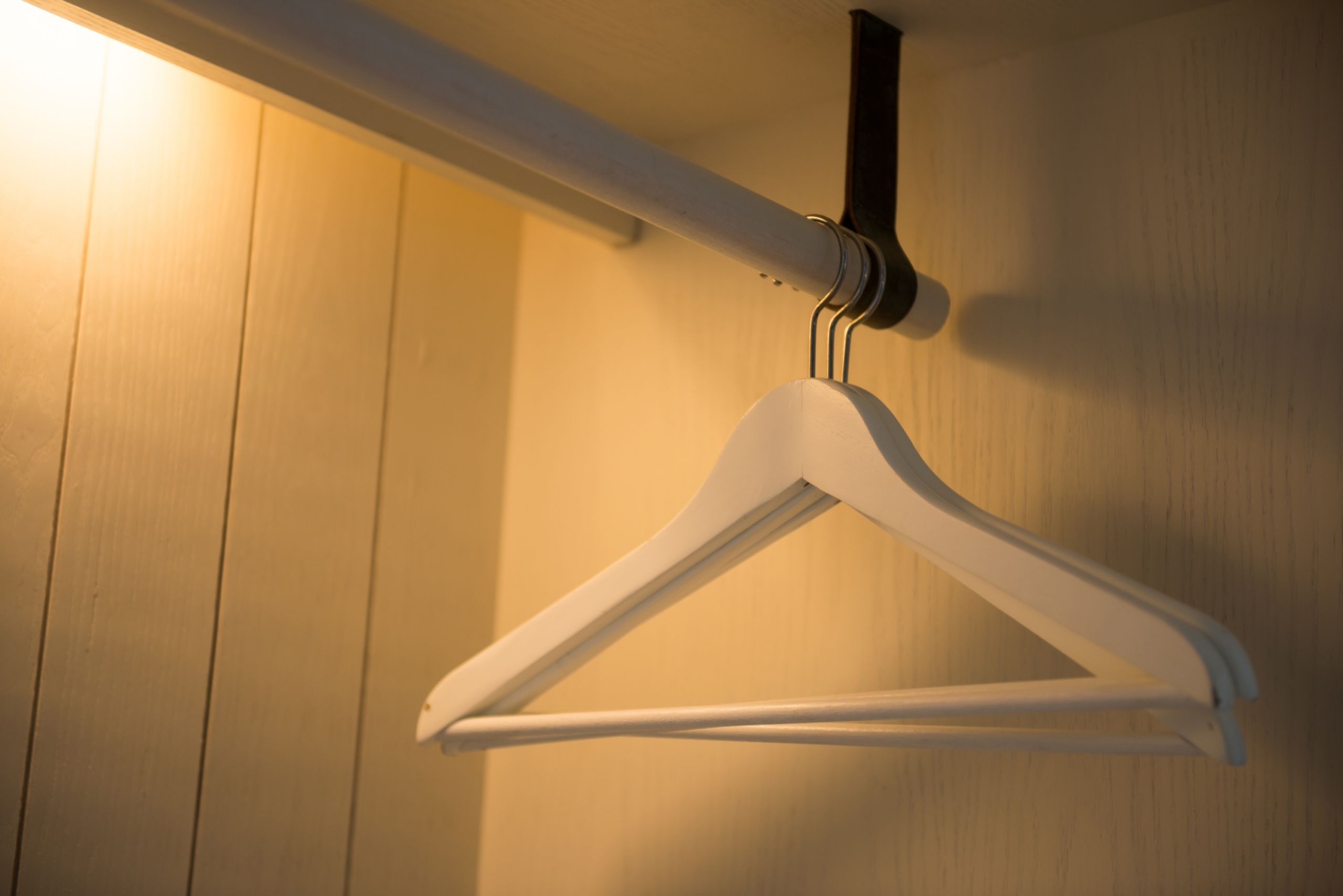 hangers in closet near light