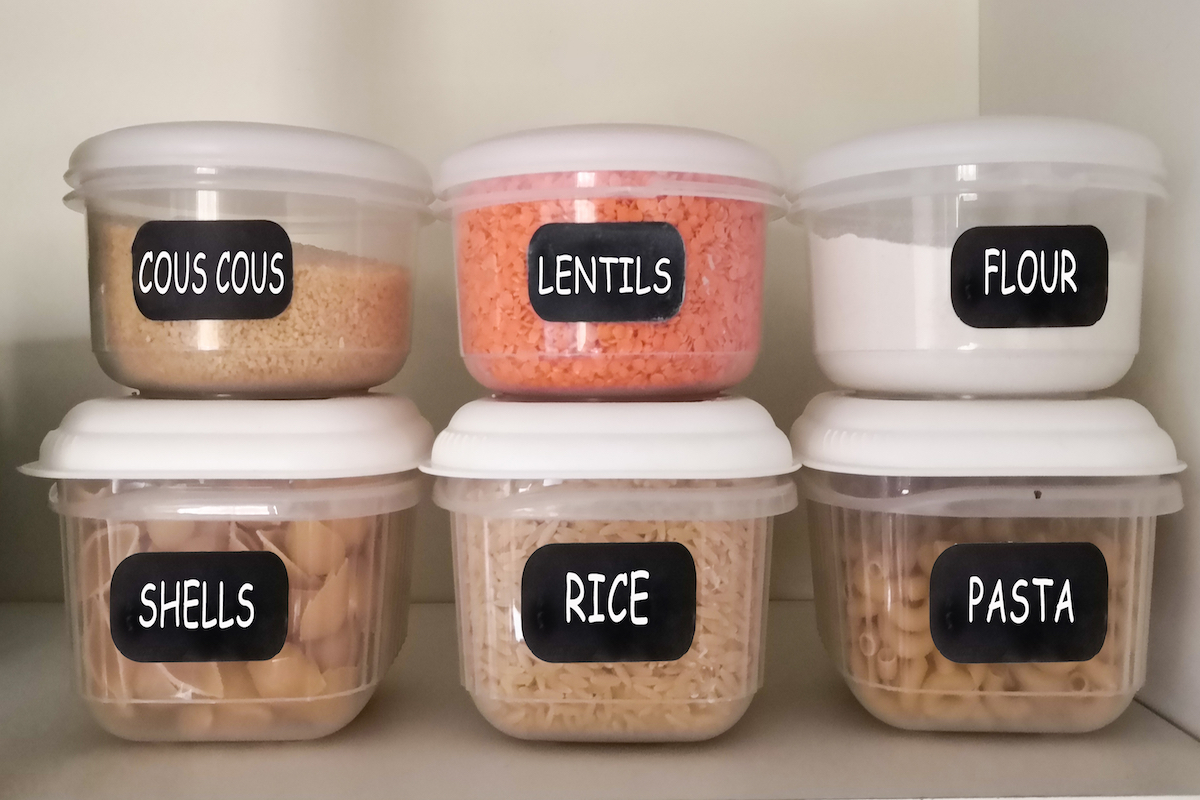 Food-storage bins on a shelf