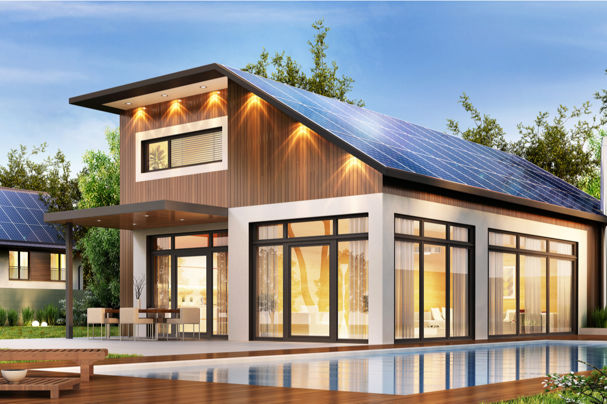 pool house with solar panels on the roof