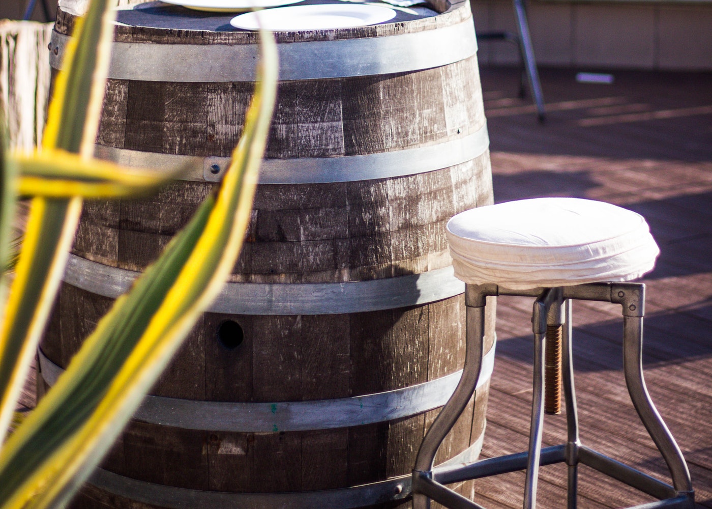 A wine barrel turned into a table.