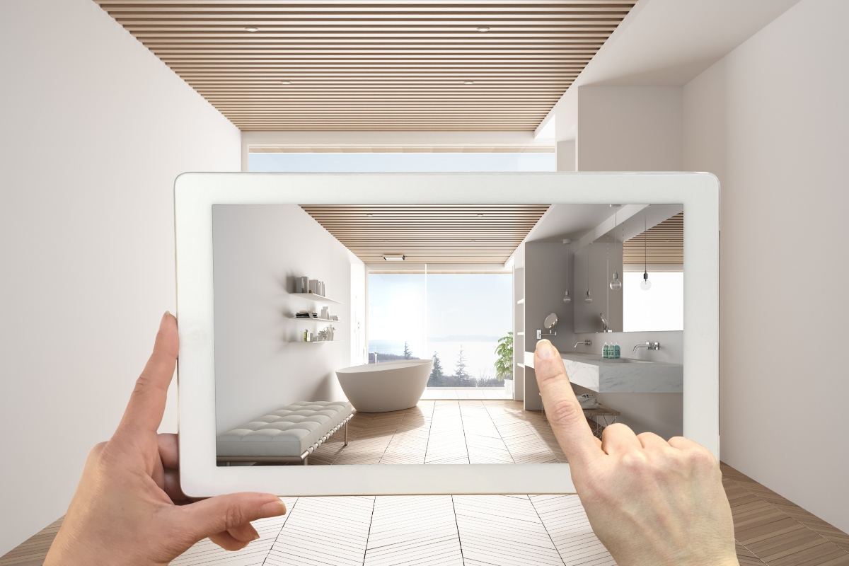 Person using an augmented reality app for home design