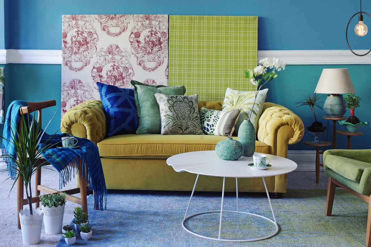 blue colorful living room with bright decor