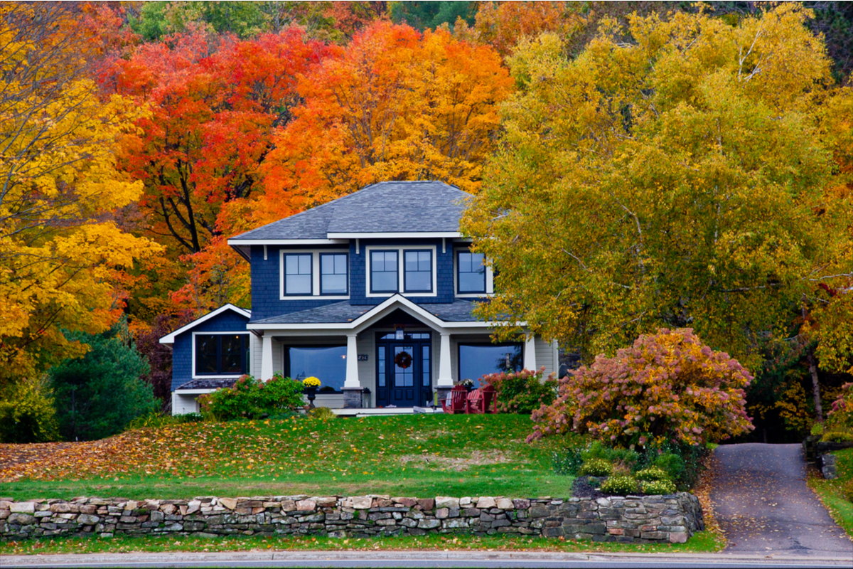 Blue house in autumn