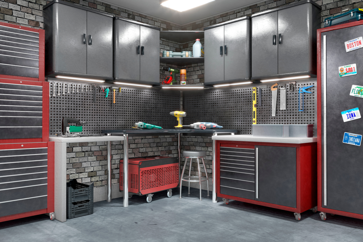 home garage with workbench and tools