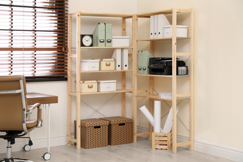 Modern home storage shelves with boxes