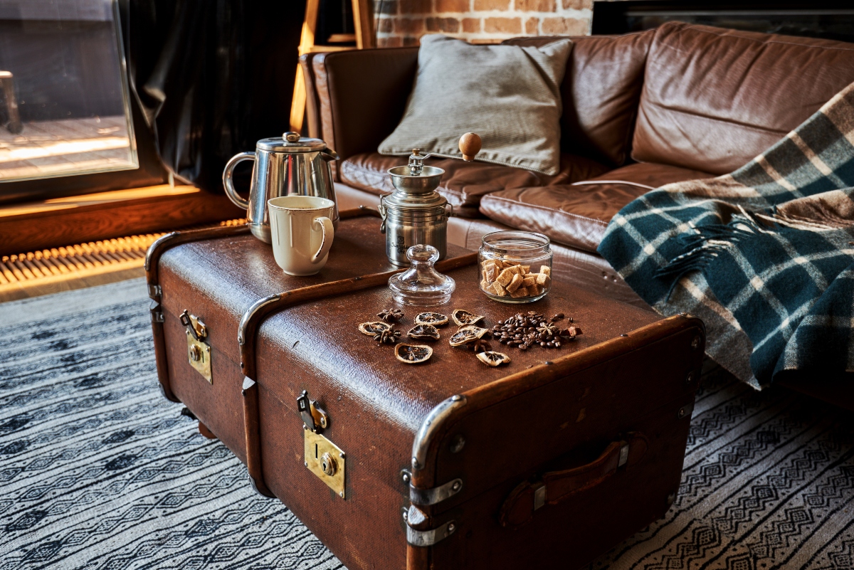 vintage chest and coffee set in rustic living room