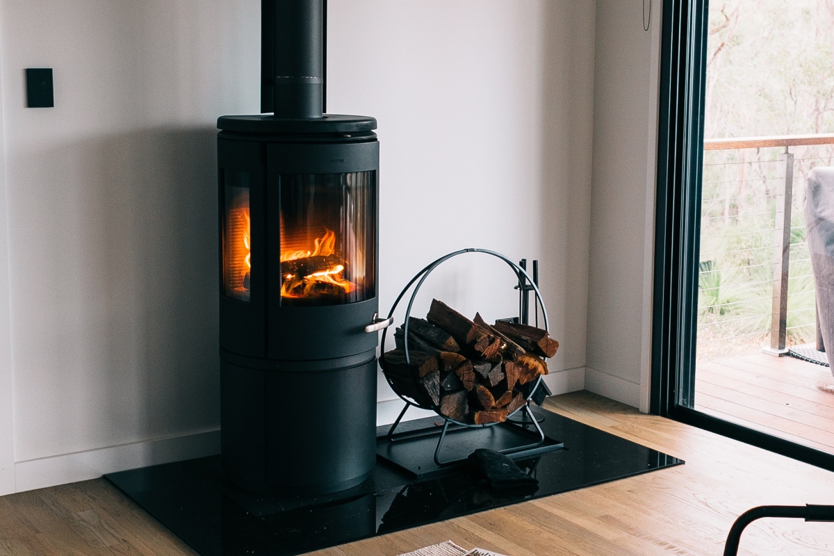industrial wood burning stove in living room