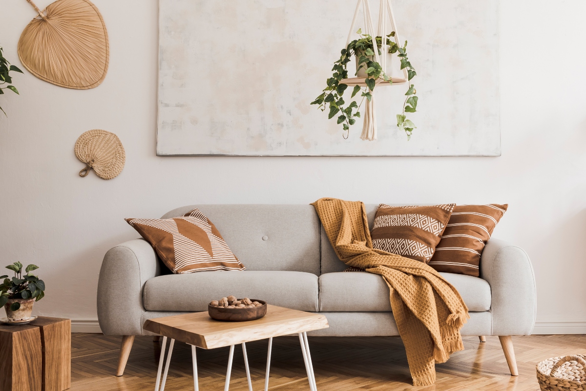 bohemian living room with neutral colored decor