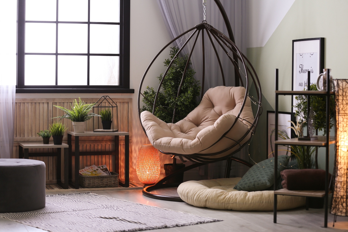 cozy home design with plants and swing chair