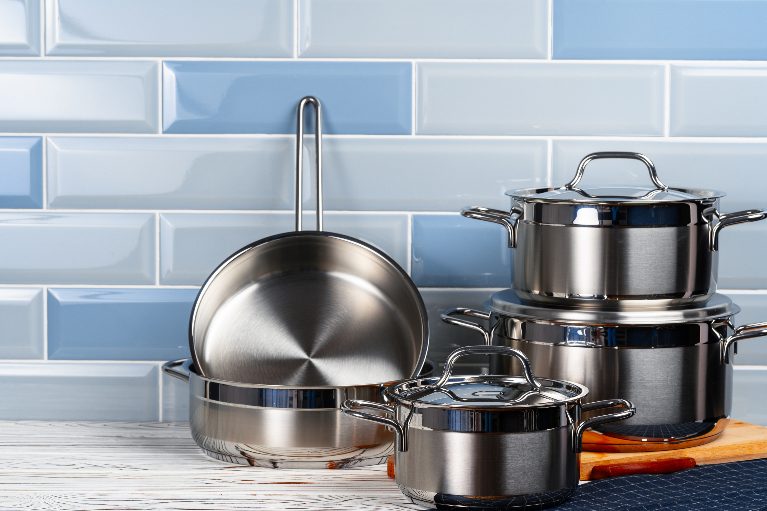 Pots and pans in a blue kitchen