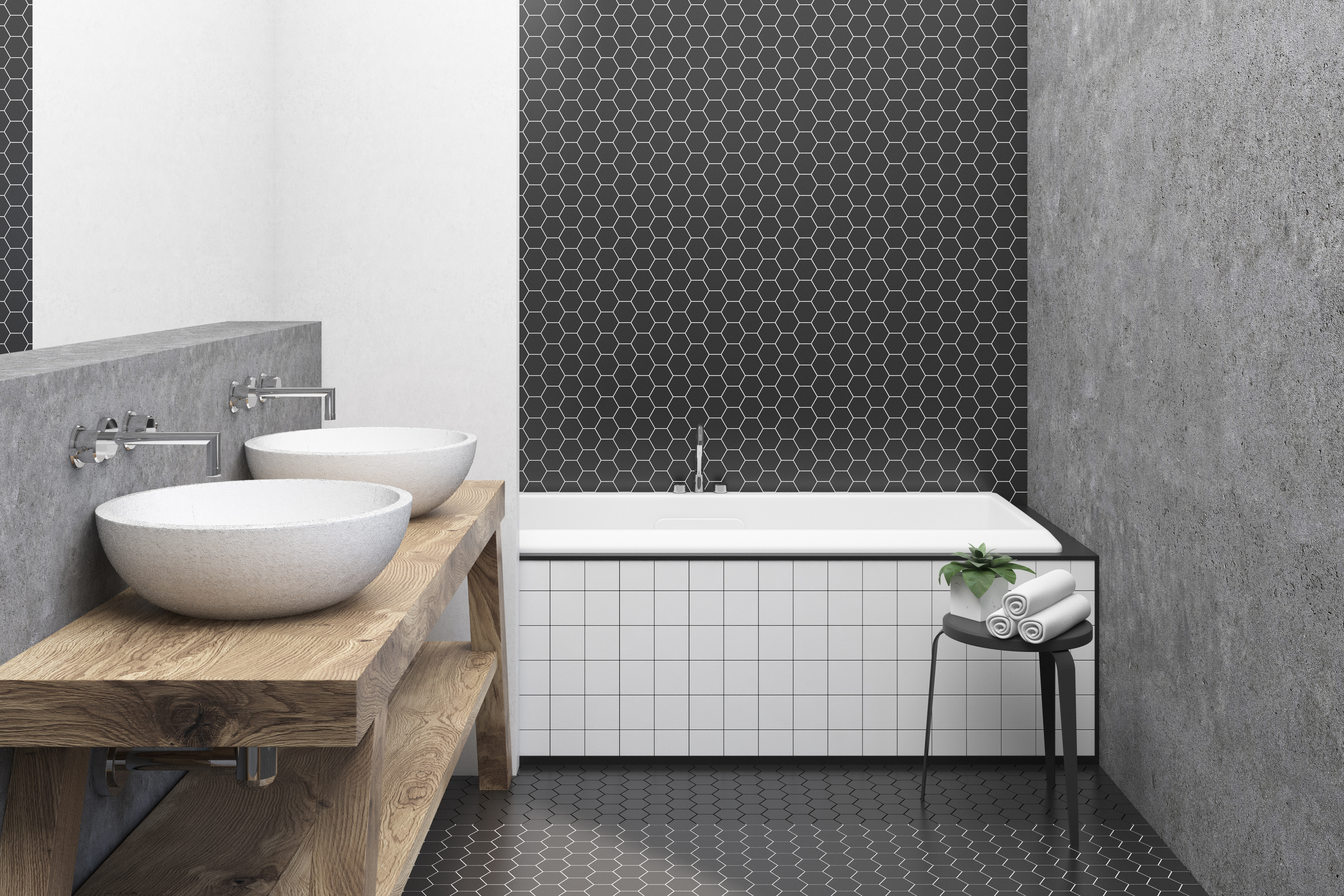black and white bathroom with hexagon tile and concrete