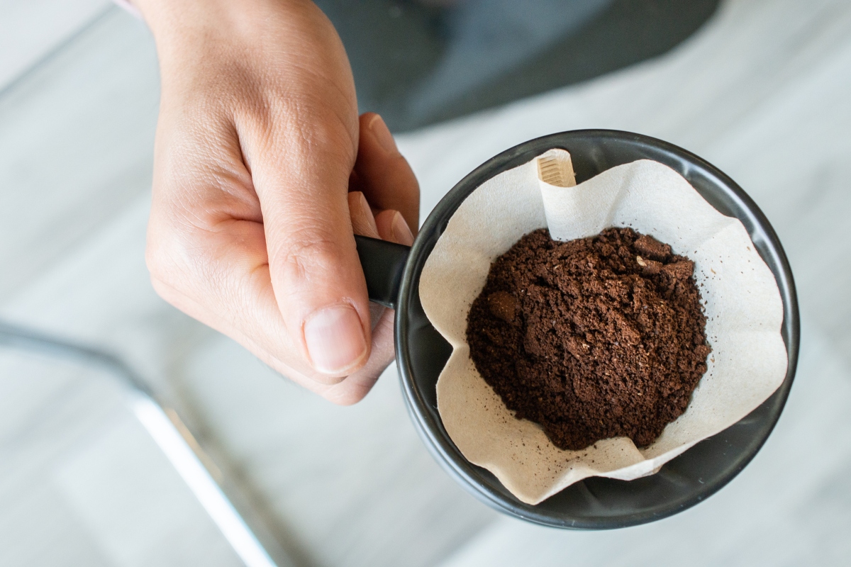 Person holding coffee filter with coffee grounds