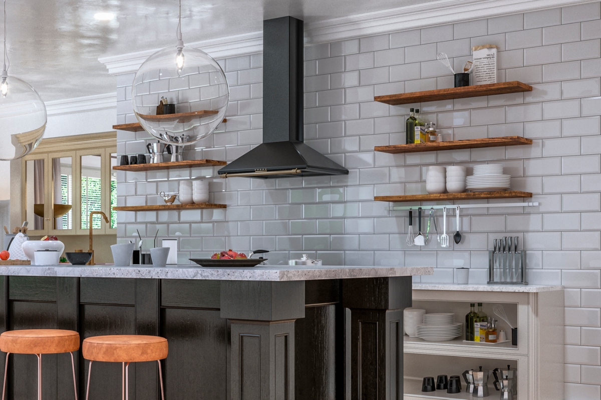 floating shelves in a modern kitchen