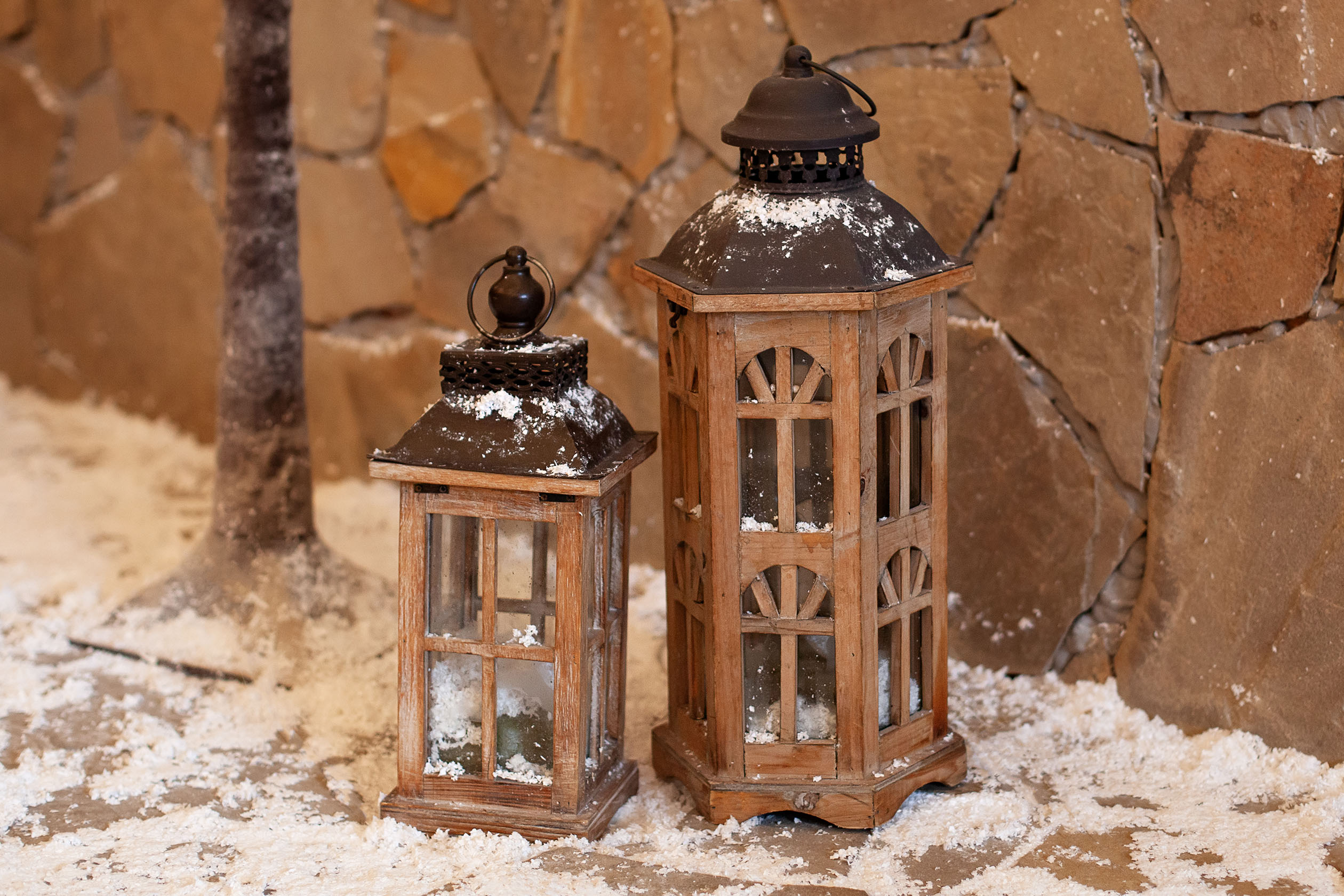 Rustic winter lanterns on porch