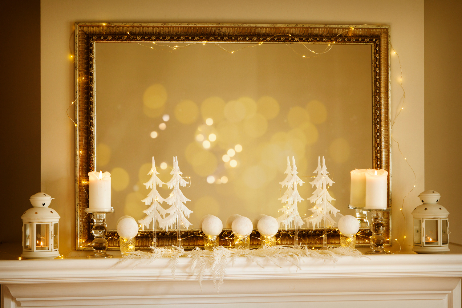 All-white Christmas display mantle