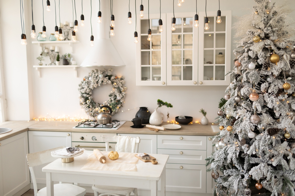white kitchen with rustic winter decor